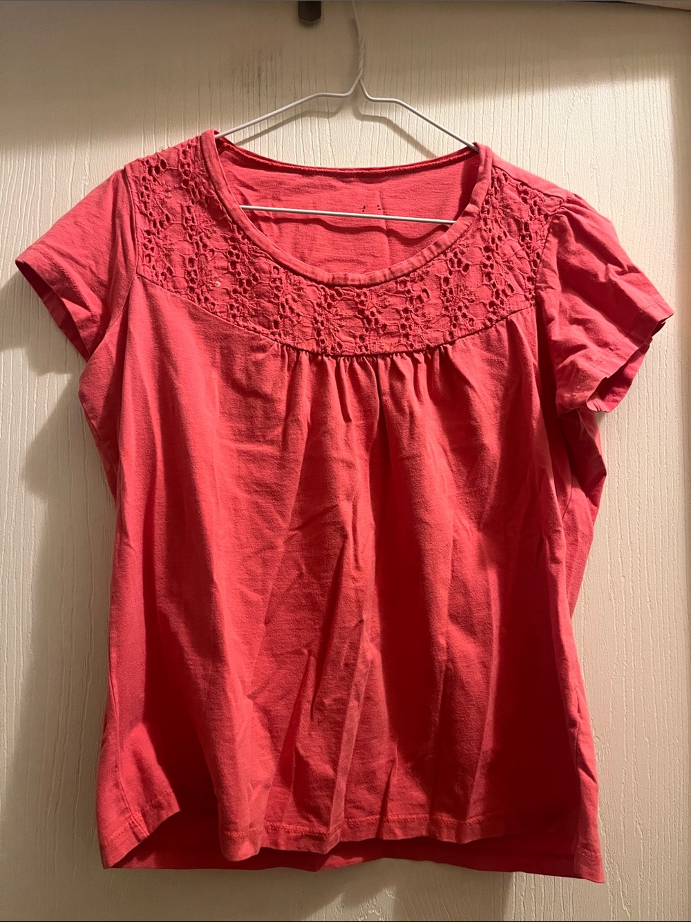 Women’s Pink Crochet Yoke Short Sleeve Top
